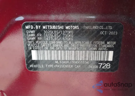 2024 Mitsubishi Mirage Es/Le from USA, damaged, VIN ML32AUHJ7RH005594